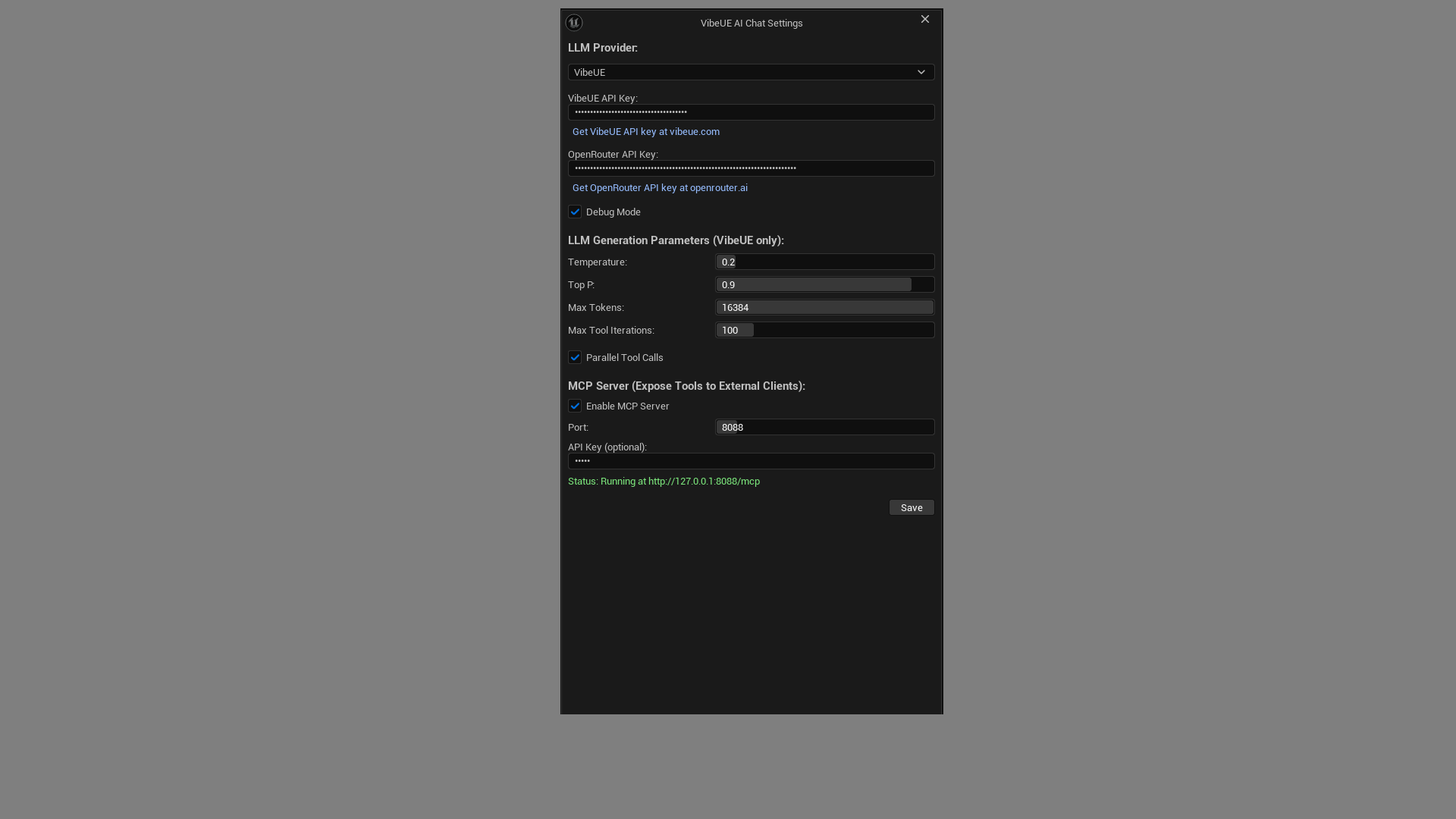 VibeUE Settings Panel - Configure API key and provider